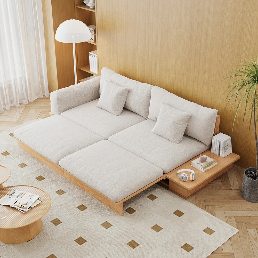 NÓVORA CASA piso plataforma madera estructura Sofá cama– de doble cara reposabrazos, pana o lino mezcla tapizado