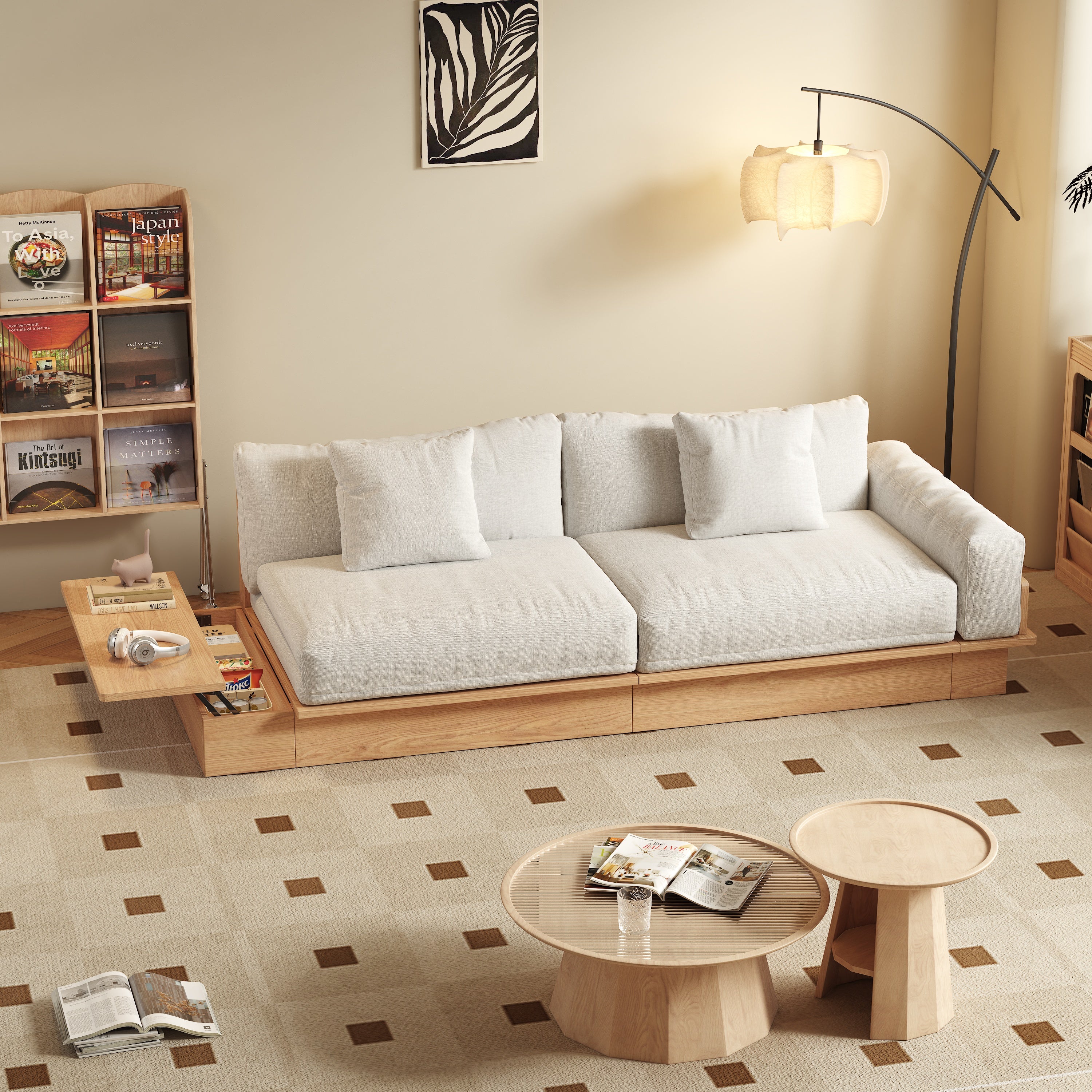 NÓVORA CASA piso plataforma madera estructura Sofá cama– de doble cara reposabrazos, pana o lino mezcla tapizado