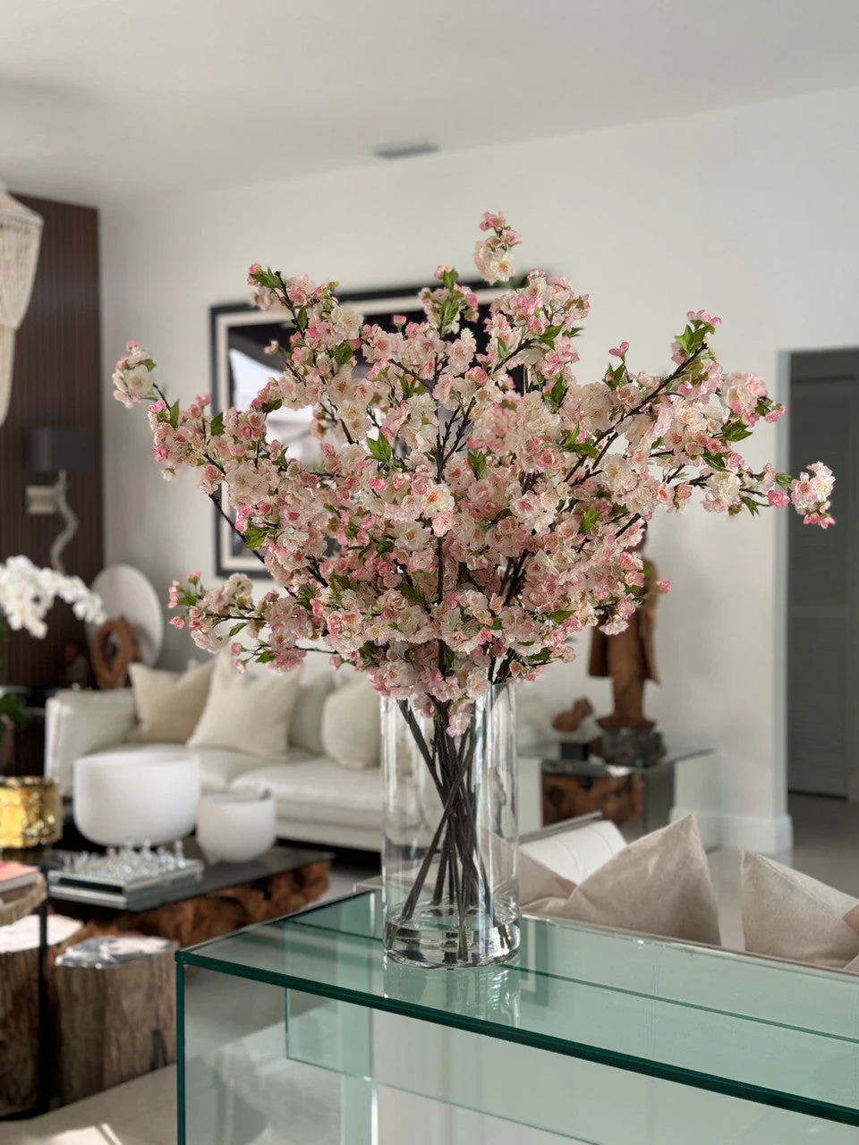 Pink Cherry Blossoms In 16″ Glass Cylinder
