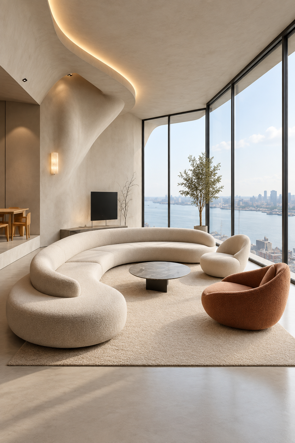 CurvaCasa · 1 sofá curvo + 2 sillones + 1 mesa de centro · Marfil cálido · visualización IA