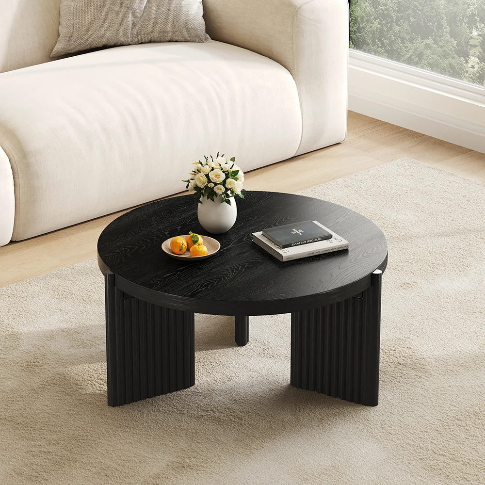 NÓVORA CASA Negro Redondo acanalado Mesa de centro| Moderno MDF decorativo mesa