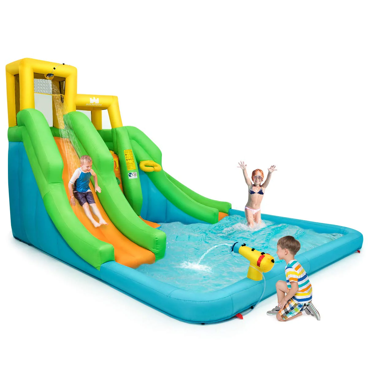 BOUNTECH Inflatable Water Slide, 6 in 1 Kids Waterslide Park for Outdoor w/Blower, Dual Slides for Racing Fun