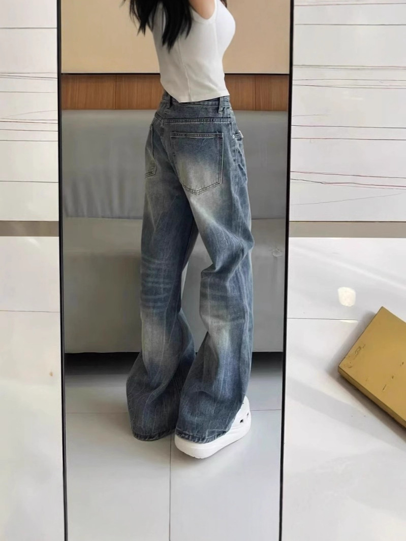 American-style washed lightning crackle blue denim jeans for women, new summer style, loose fit, straight leg, casual long pants.