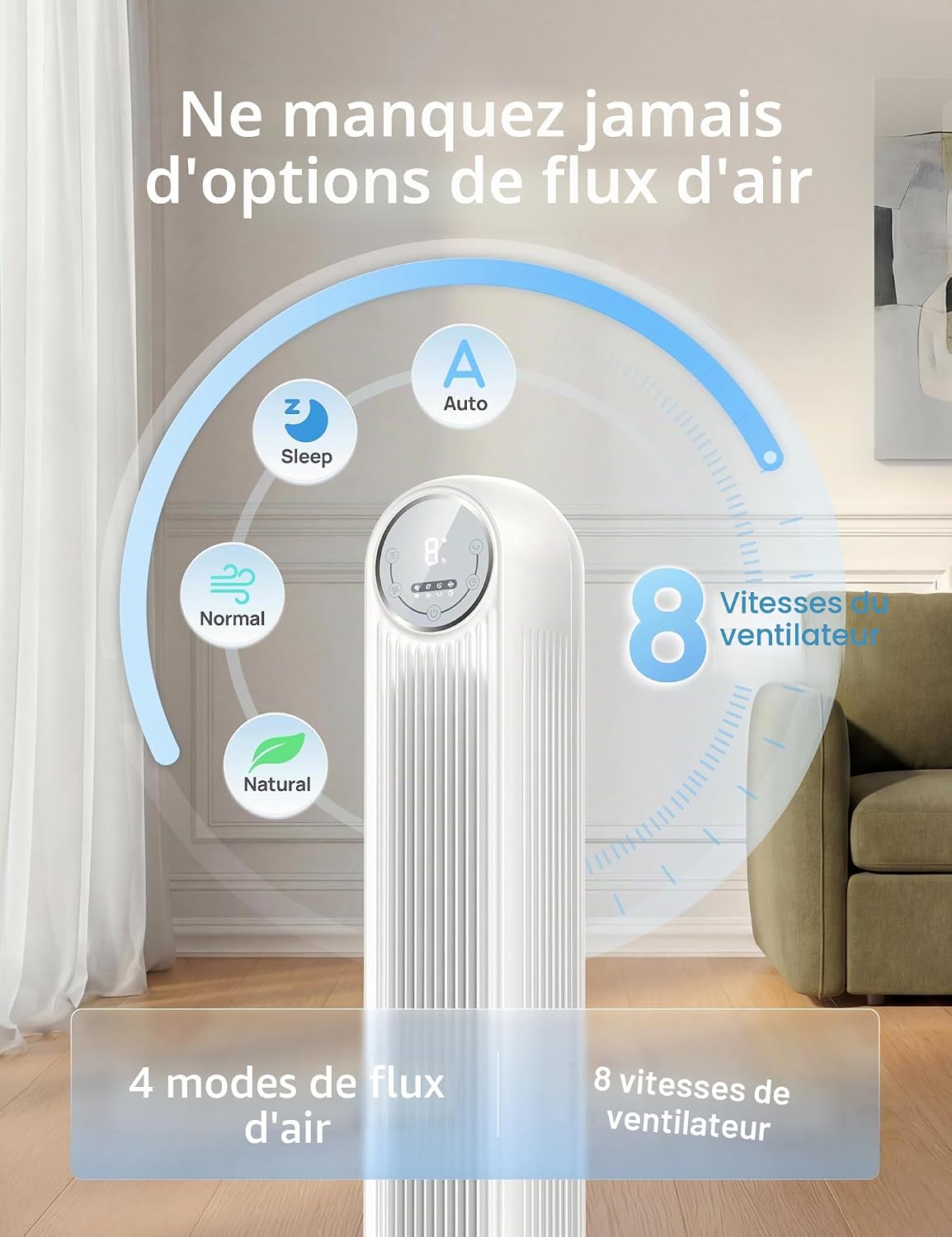 DREO Ventilateur tour intelligent avec fonction WiFi, ventilateur silencieux avec contrôle vocal et télécommande, oscillation à 90°