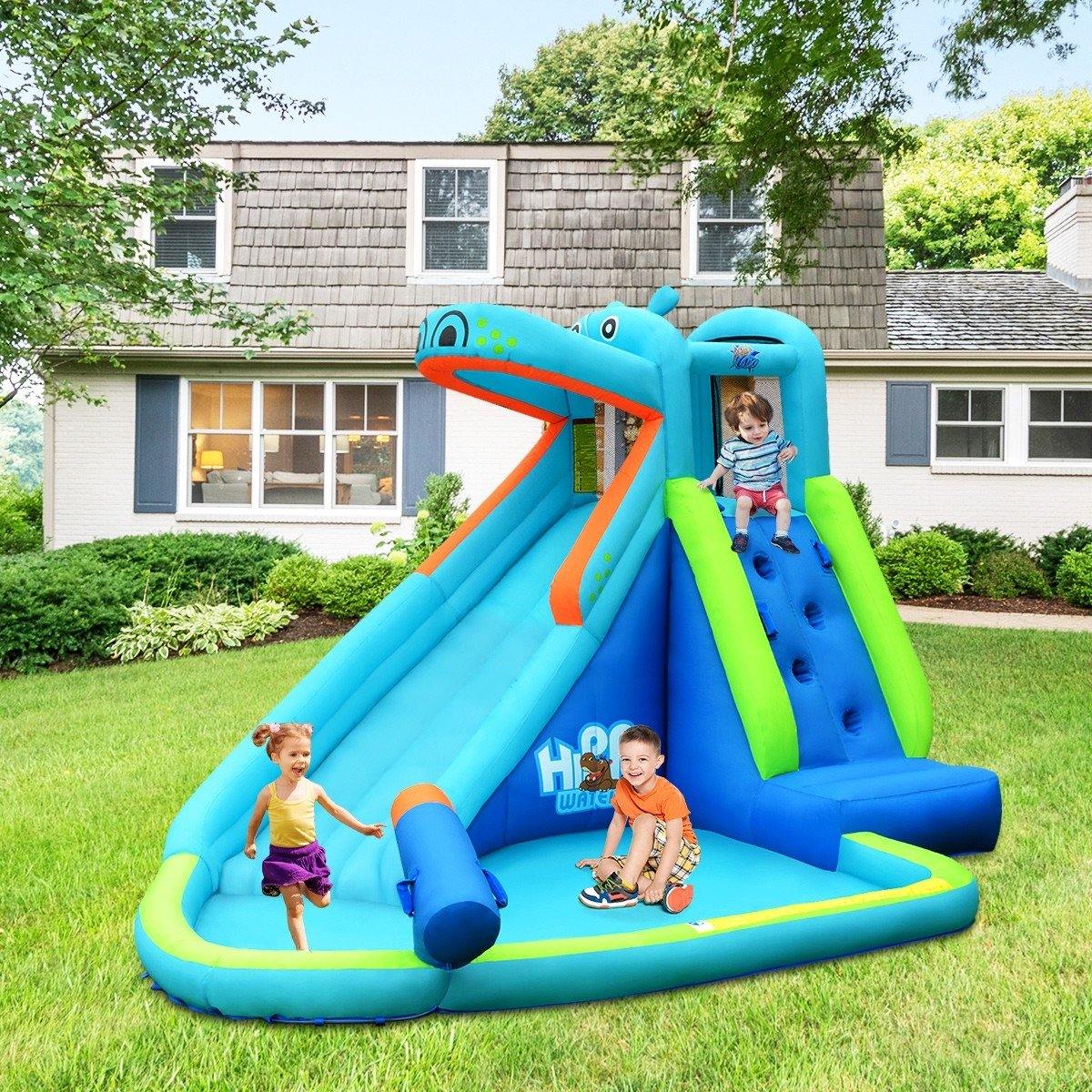 BOUNTECH Inflatable Water Slide, Hippo Themed Kids Waterslide Park for Outdoor w/Long Slide