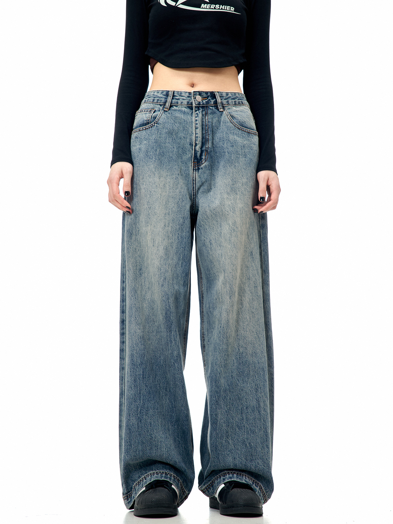 11KN American Retro Blue Straight Leg Jeans, Unisex, Loose Fit, Versatile, Trendy, Simple, Clean Fit, Casual Wide Leg Pants
