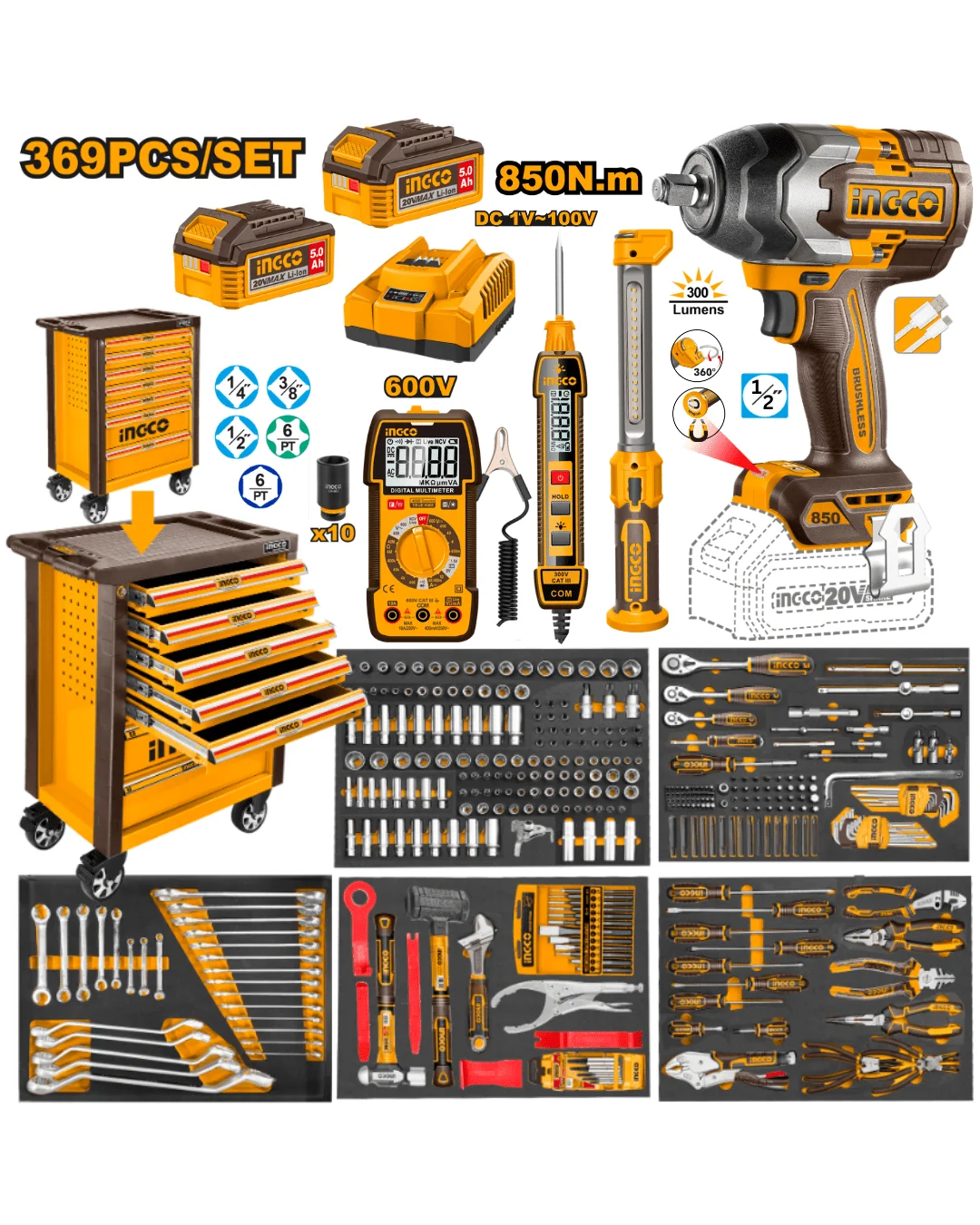 【Mega Sale!】INGCO 369-Piece Tool Cart, Orange/Yellow
