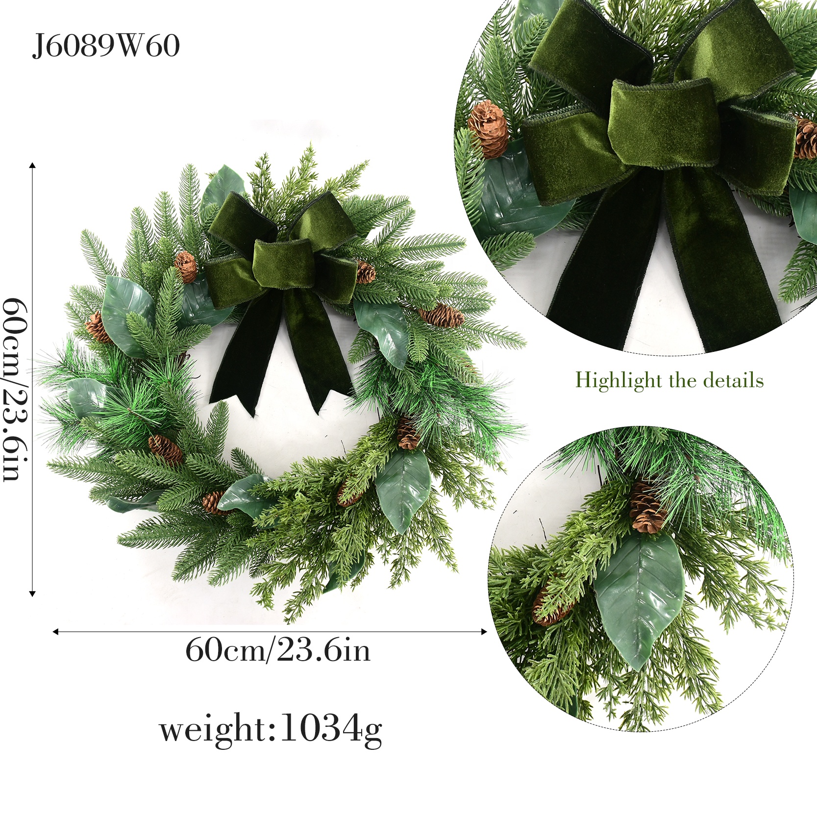 24 Inch Pinecone Velvet Bow Christmas Wreath Decoration