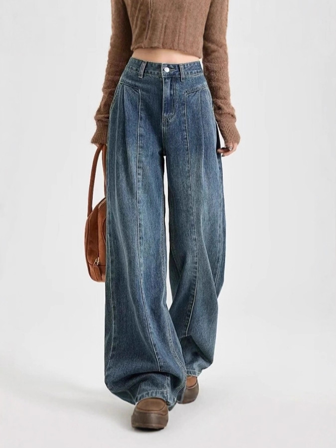 American-style sickle jeans for women, slim fit, banana style, spring and autumn retro wide-leg pants, high-waisted, straight leg, loose, floor-length.