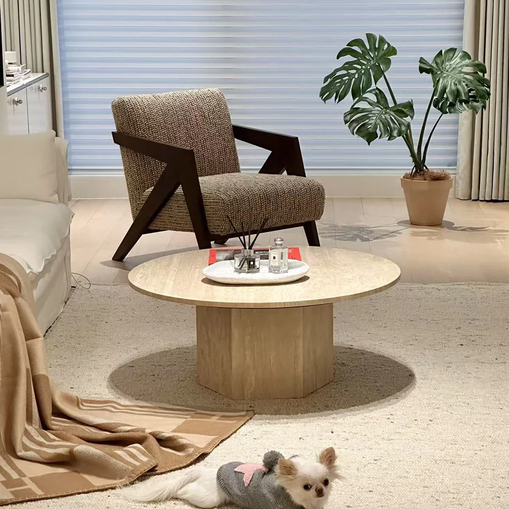 NÓVORA CASA Japandi Redondo Mesa de centro- Beige travertino & premium madera