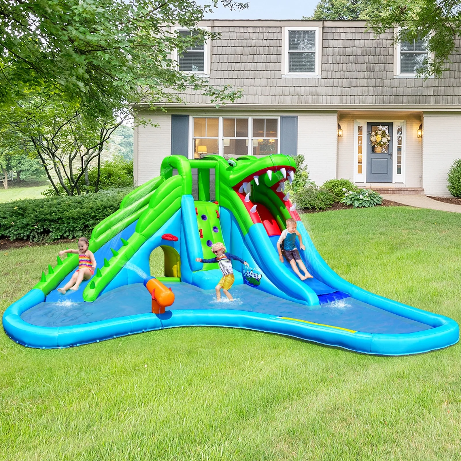 Costzon Inflatable Water Slide, Giant 7 in 1 Crocodile Water Park w/ Double Slides