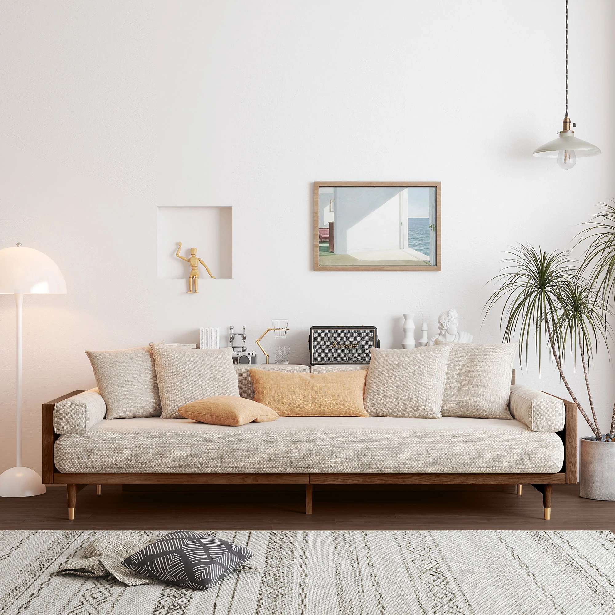 NÓVORA CASA Beige 3-asiento Tapizado lino tela sofá con Madera maciza estructura para Sala