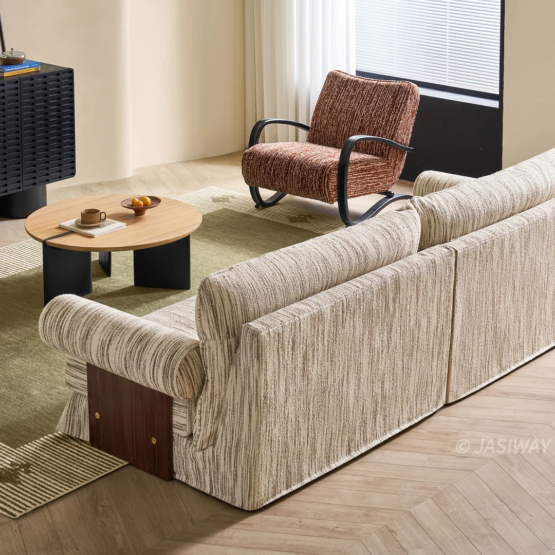 JASIWAY texturizado lino mezcla sofá– Minimalista Crema Blanco Tapizado sofá con Madera maciza detalle| cómodo Sala asiento