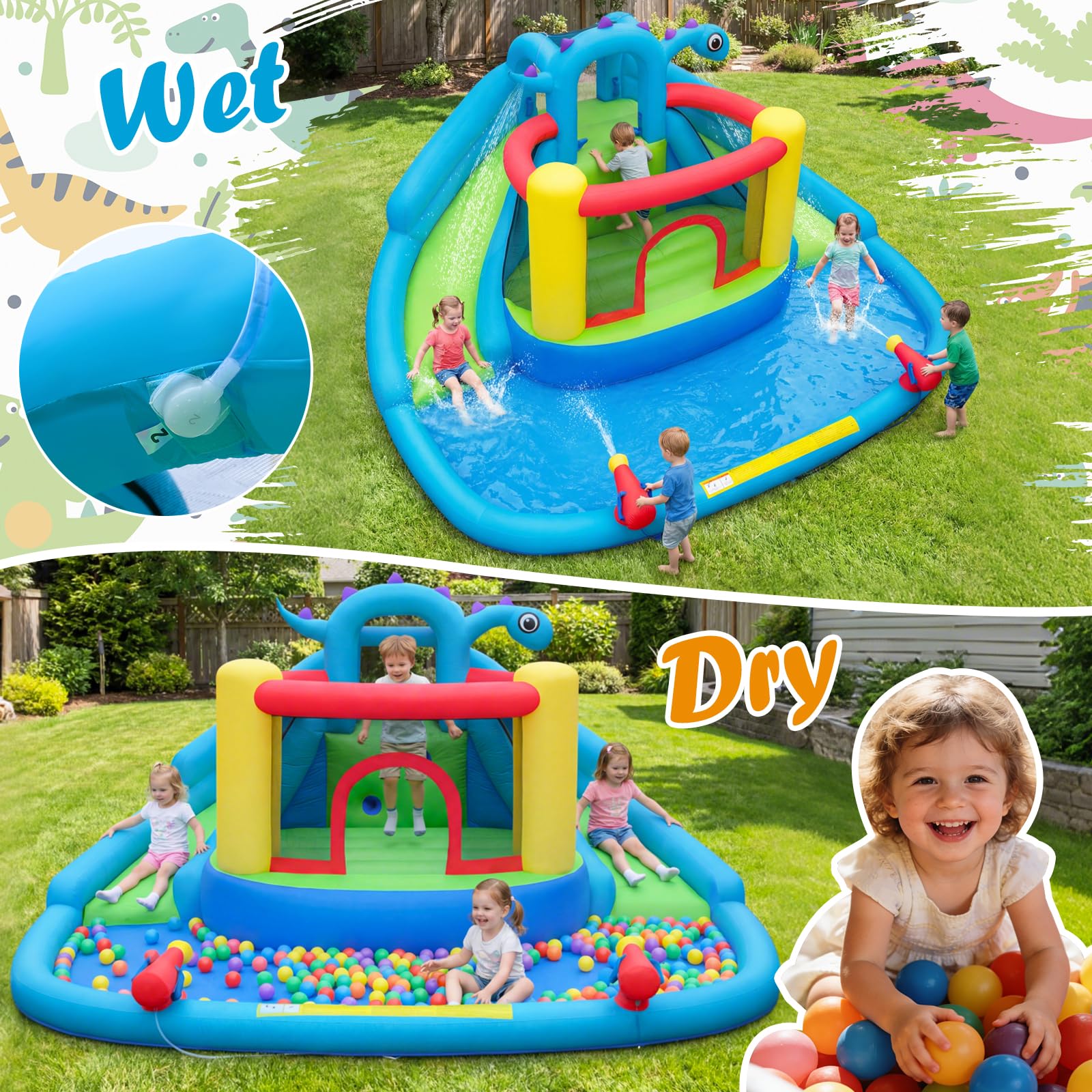 BOUNTECH Dinosaur Styling Inflatable Water Slide Double Slides Park with Bounce House