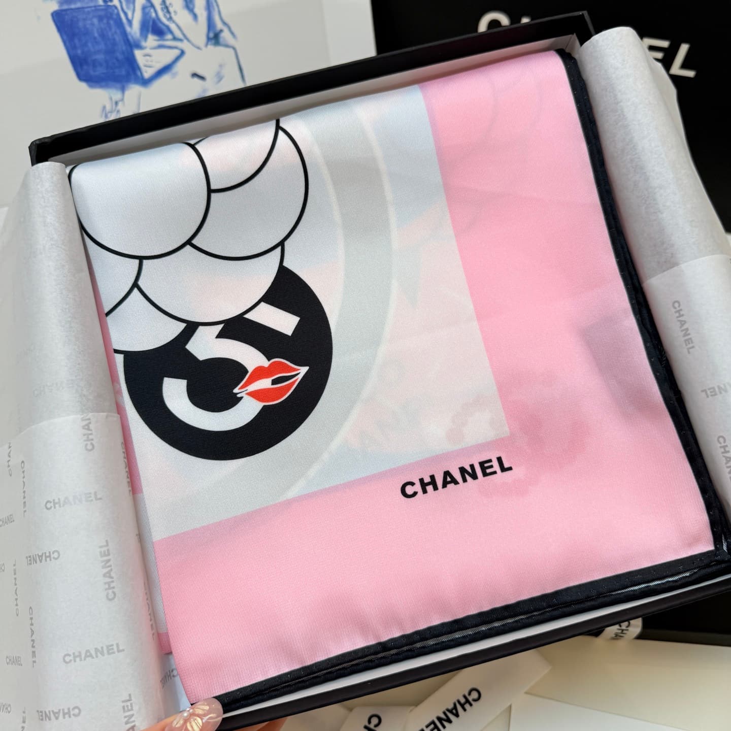 Chanel Silk CC Logo Camellia Scarf