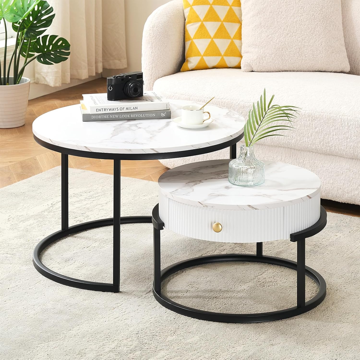 Ginhow Stolik kawowy, okrągły, biały i złoty, 2-częściowy zestaw, stolik kawowy o wyglądzie marmuru, okrągły stolik kawowy z 1 szufladą, nowoczesny stolik pomocniczy, złoty, okrągły, Ø 70 x wys. 45