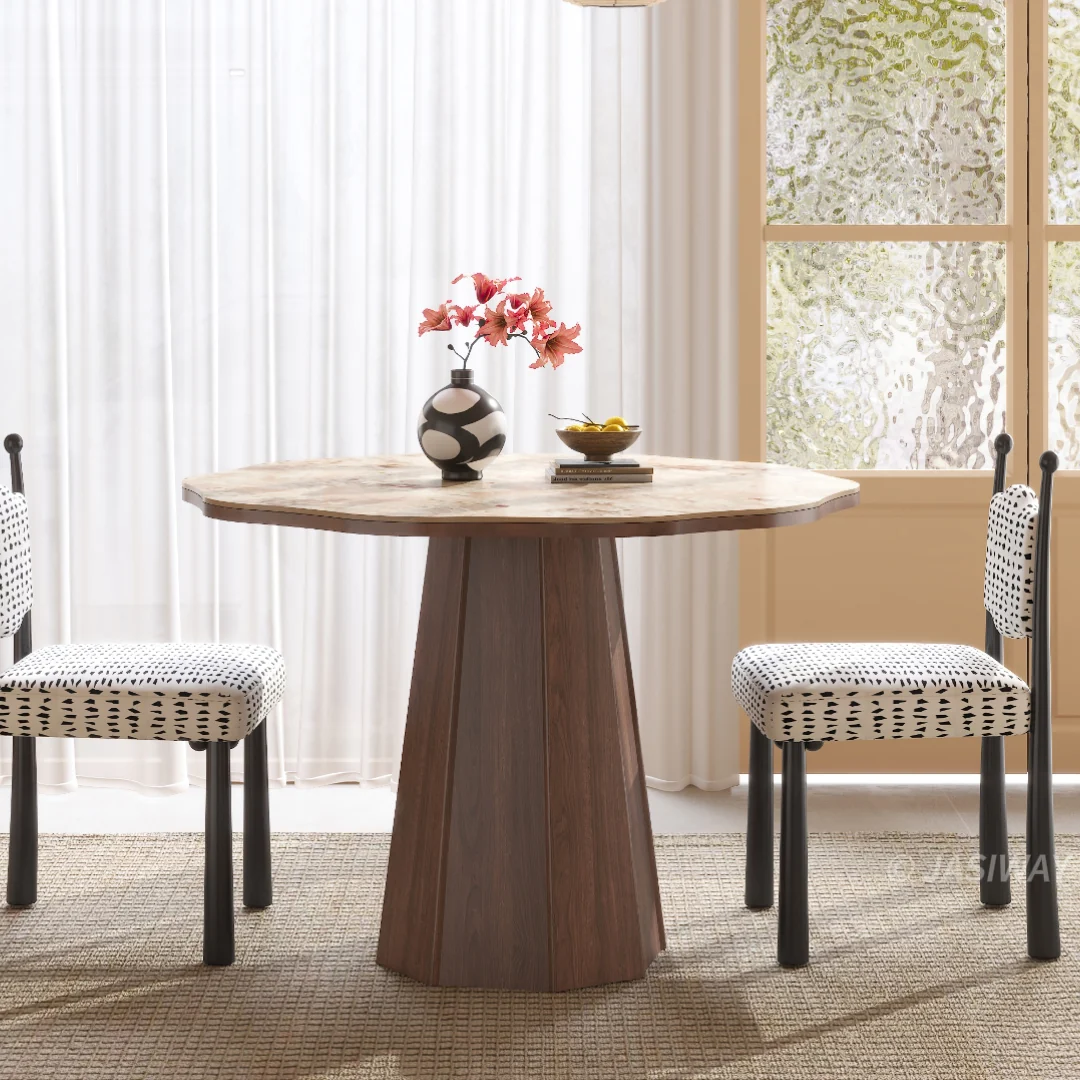 NÓVORA CASA ondulado borde Redondo Mesa de comedor con escultórico pedestal soporte| Moderno Mesa de comedor con Piedra sinterizada superior