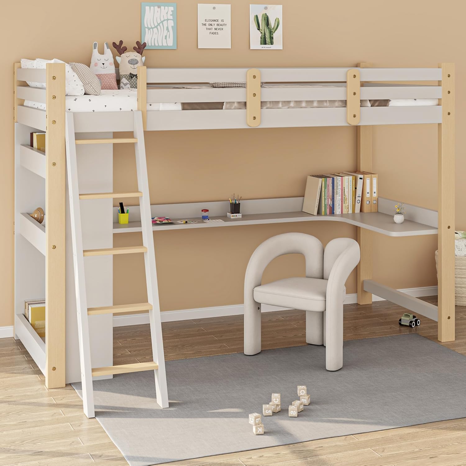 BXEYXE Łóżko piętrowe dla dzieci 90 x 200 cm z listwami ochronnymi i stelażem, łóżko dziecięce z ukośnymi ślizgaczami, wbudowane biurko i regały, łóżko piętrowe z litego drewna, białe, wielofunkcyjne