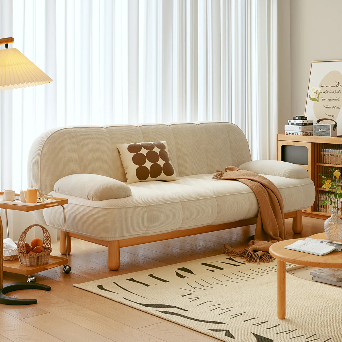 NÓVORA CASA Japandi sofá de dos plazas plegable Sofá cama en Crema Blanco & Verde pana tela