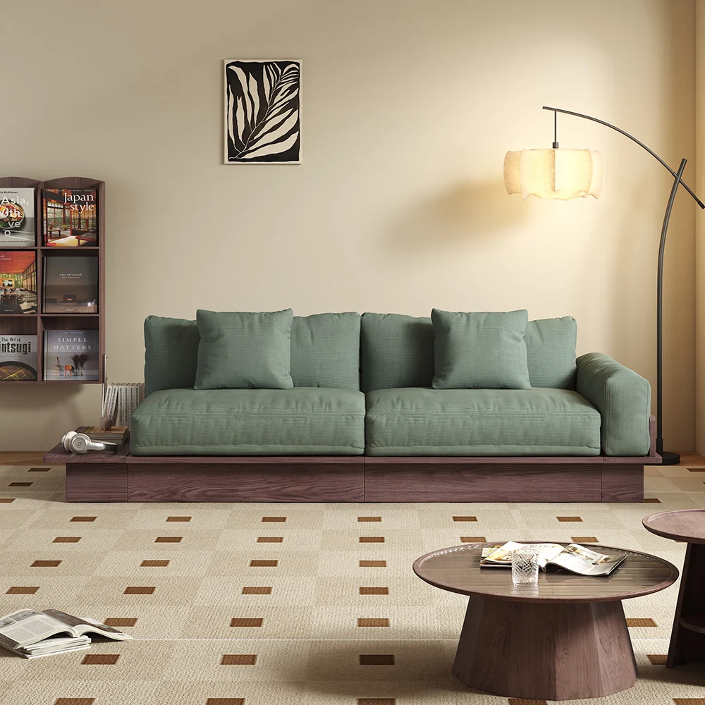 NÓVORA CASA piso plataforma madera estructura Sofá cama– de doble cara reposabrazos, pana o lino mezcla tapizado