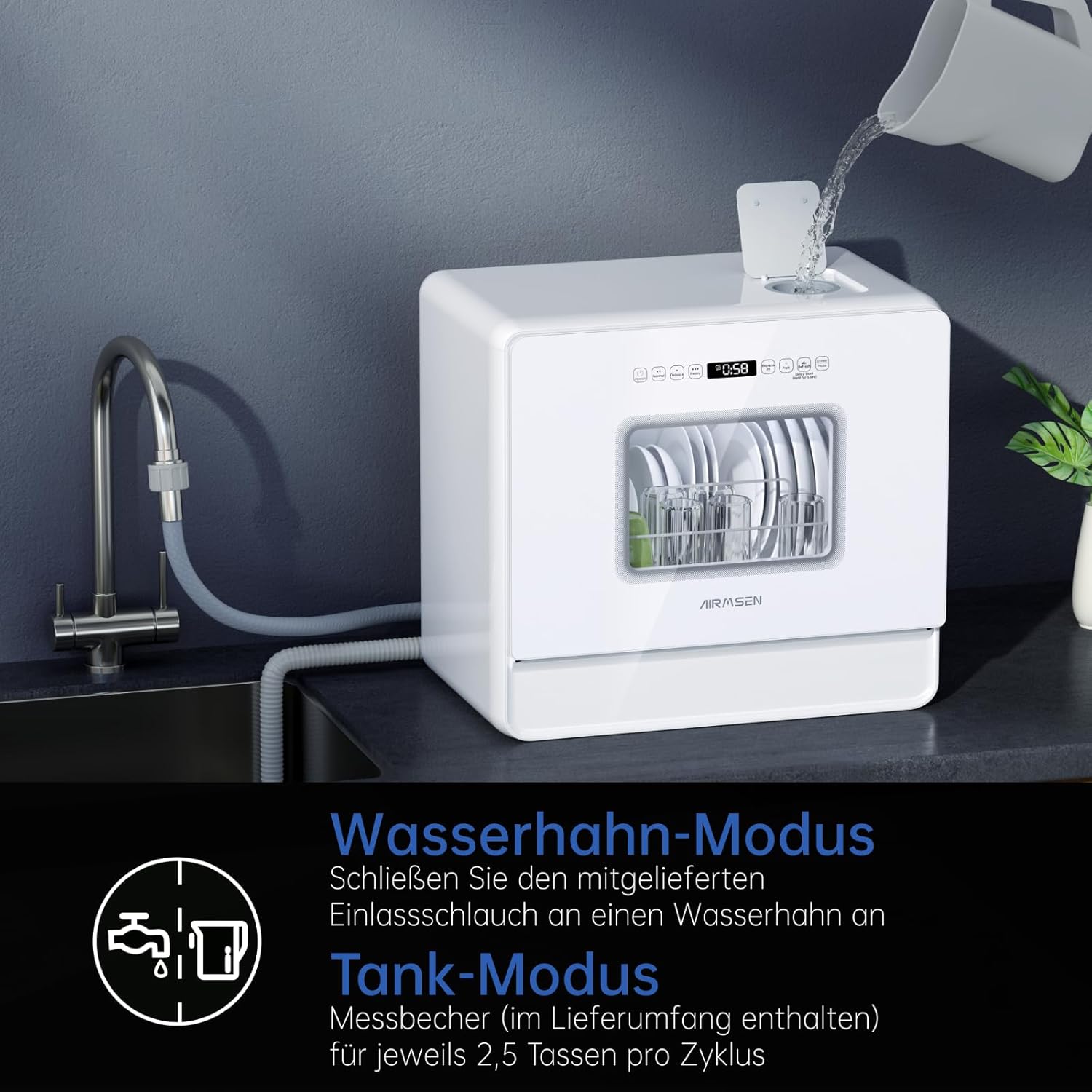 AIRMSEN Mini Zmywarka Stołowa – 7+2 programy, 5L zbiornik, zmiękczacz wody. Działa z/bez podłączenia. Idealna do mieszkań i kamperów. Biała