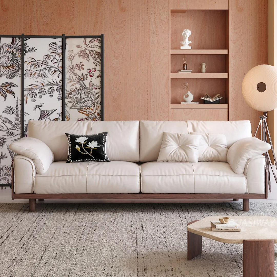 NÓVORA CASA Japandi 3-plazas sofá con Madera maciza estructura| Tapizado tela sofá para Sala