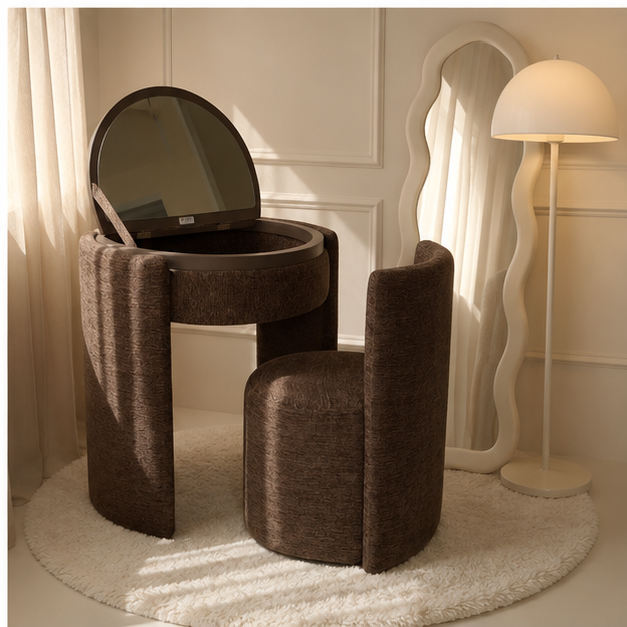 LunaNest™ | Tocador compacto tapizado con espejo y silla