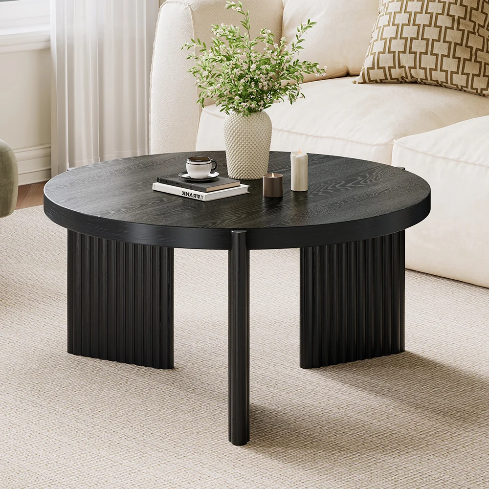 NÓVORA CASA Negro Redondo acanalado Mesa de centro| Moderno MDF decorativo mesa
