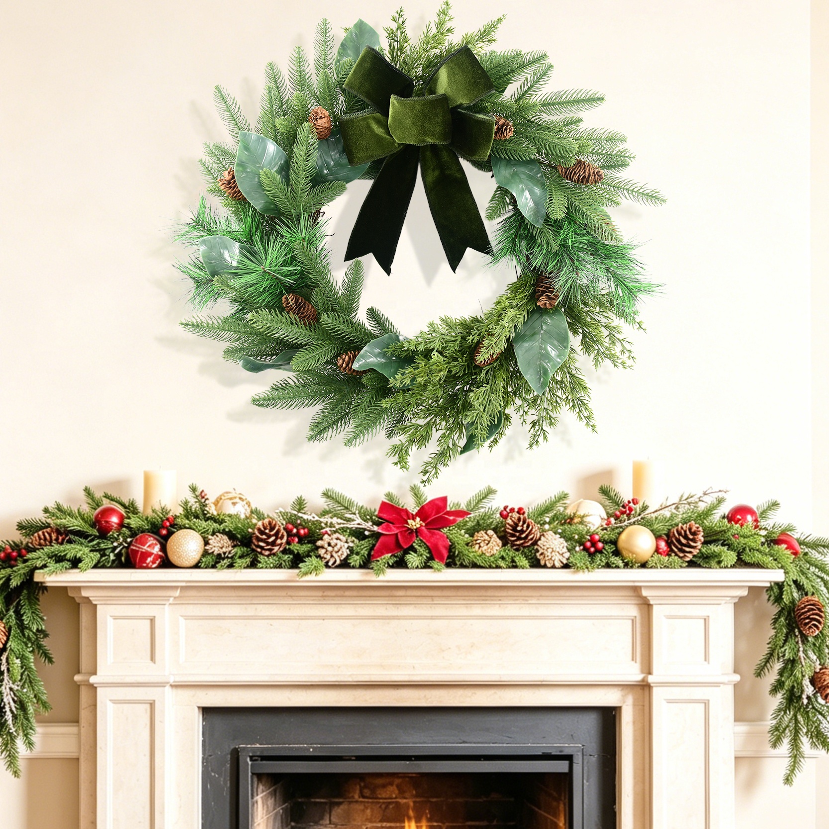 24 Inch Pinecone Velvet Bow Christmas Wreath Decoration