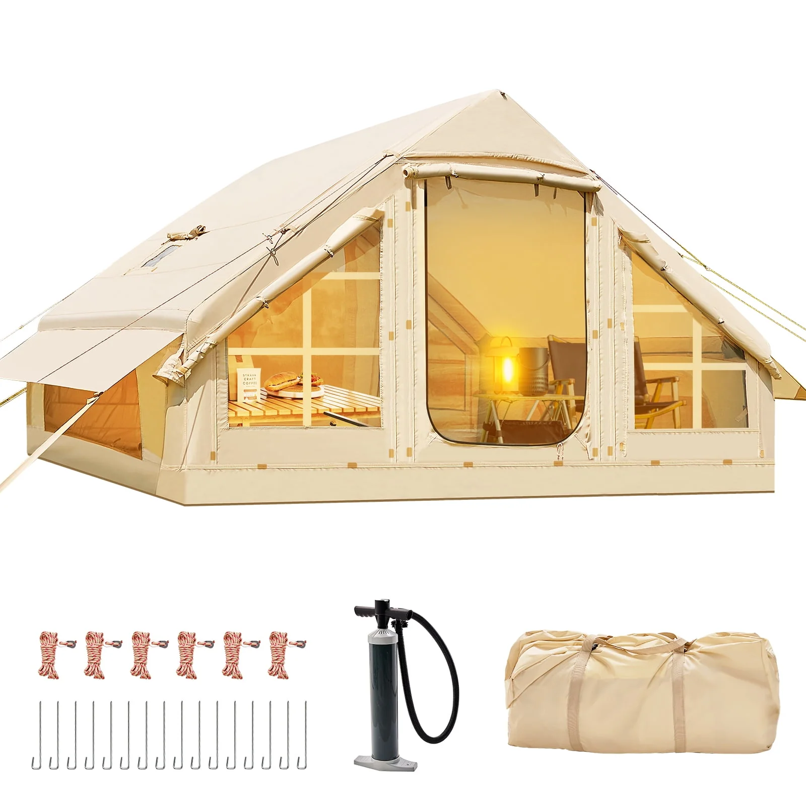 6 Person Inflatable Camping Tent with Pump, 10ft x7ft Glamping Family Tent Easy Setup 4 Season Waterproof Windproof Outdoor Blow Up Tent Luxury Oxford Cabin with Mesh Windows Doors sgtnighsdesigns