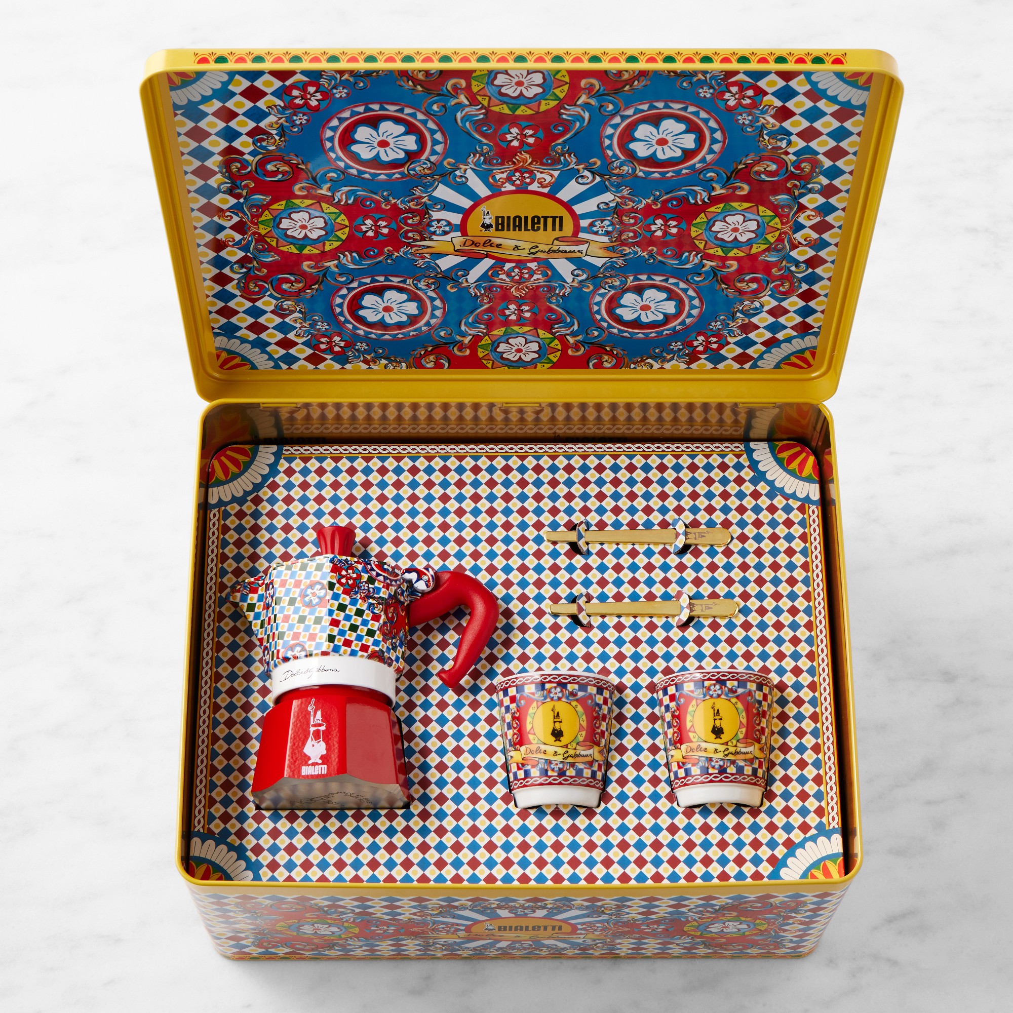 Bialetti Moka Dolce & Gabbana 2-Cup + 2 Espresso Cups & Stirrers Gift Set, Carretto