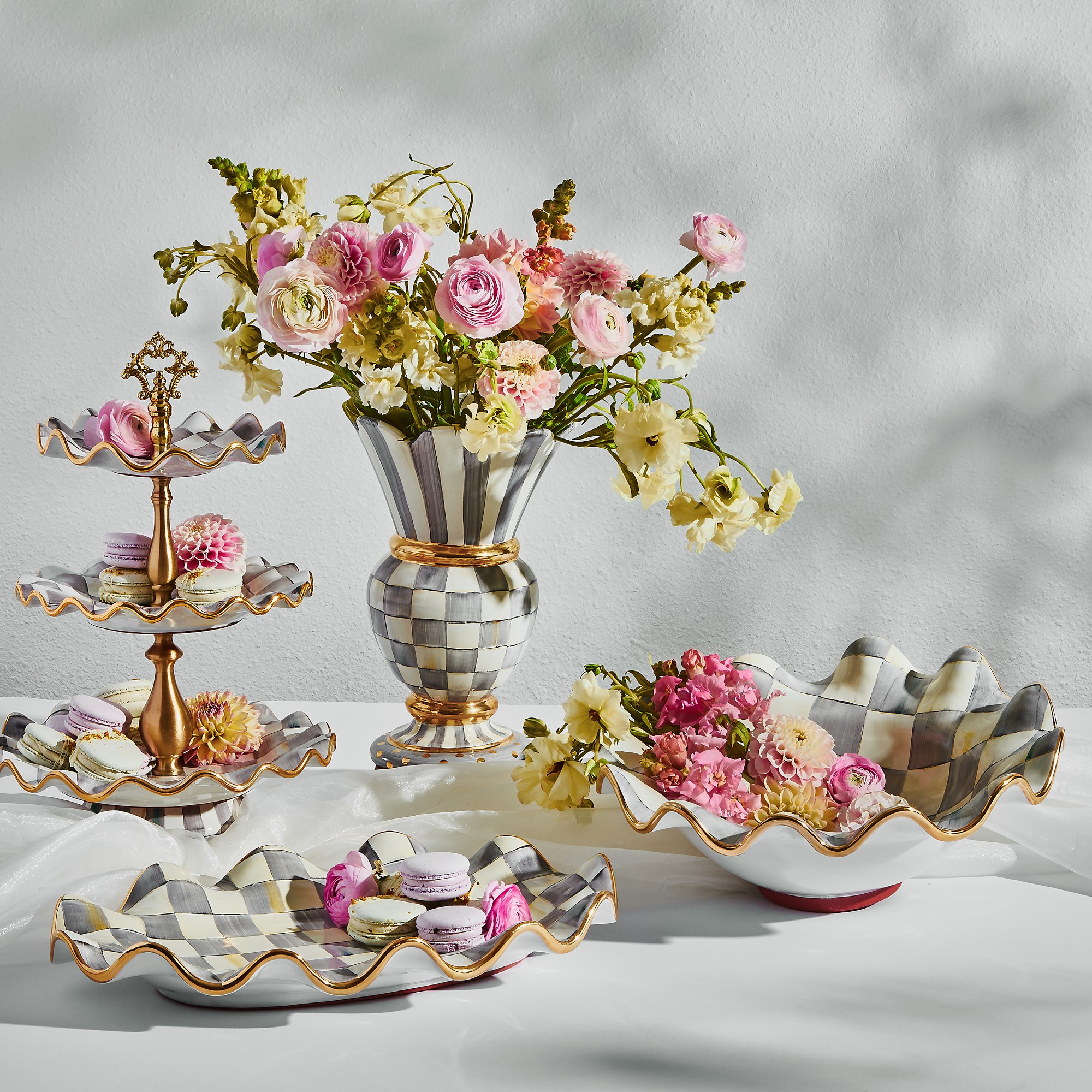 MacKenzie-Childs Sterling Check Ceramic Fluted Serving Bowl