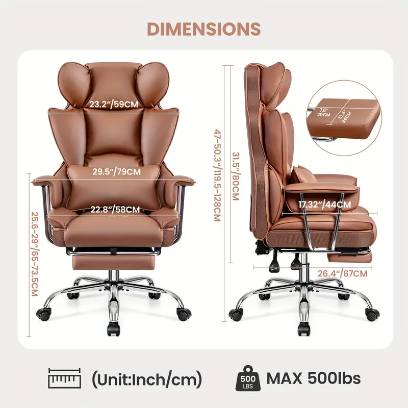 Plus-Size Executive High-Back Leather Actflame Premium Ergonomic Office Chair With Enhanced Lumbar Support & Integrated Footrest - Perfect Fit For Spacious Homes & Offices