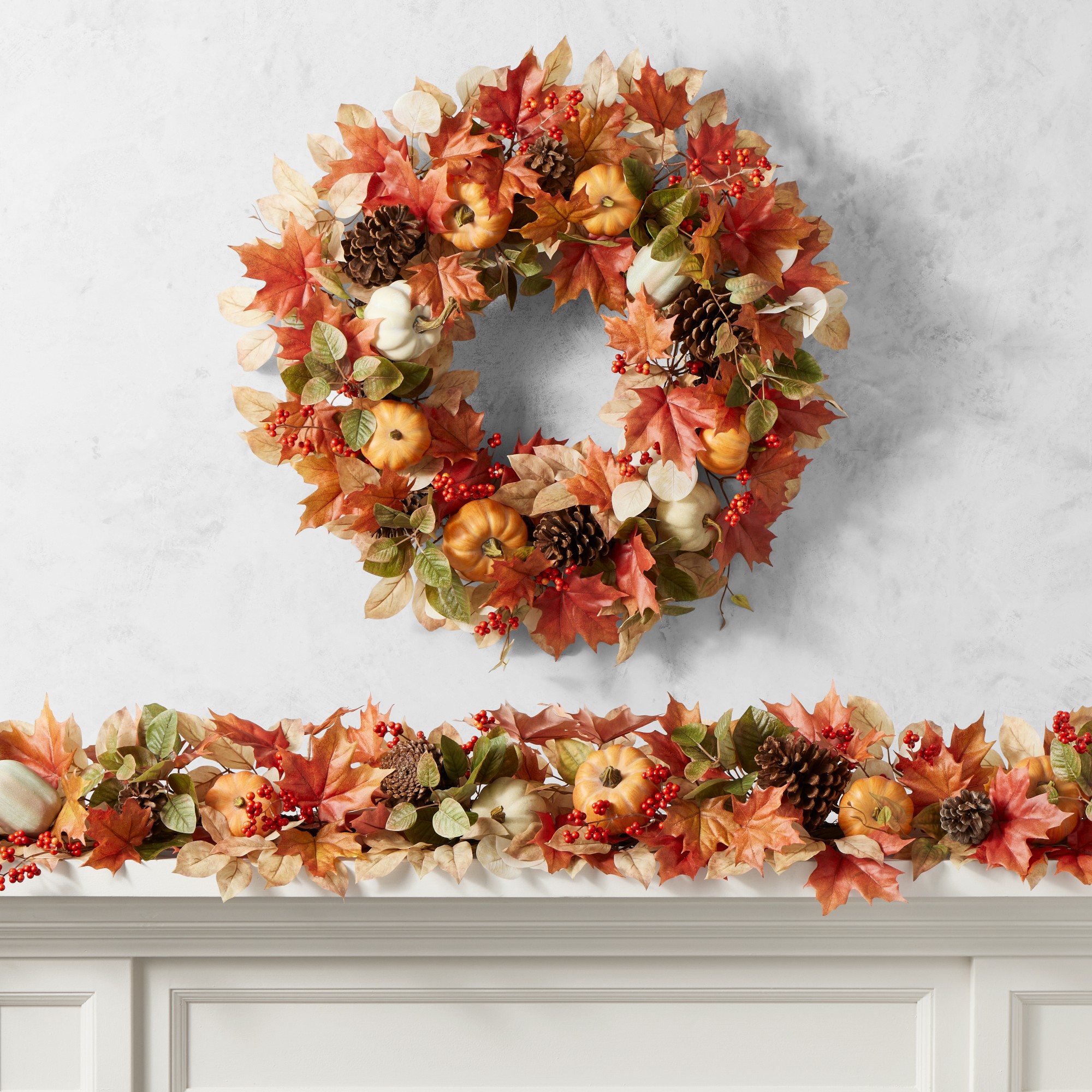 Fall Pumpkin & Maple Leaves UV Protected Faux Wreath & Garland