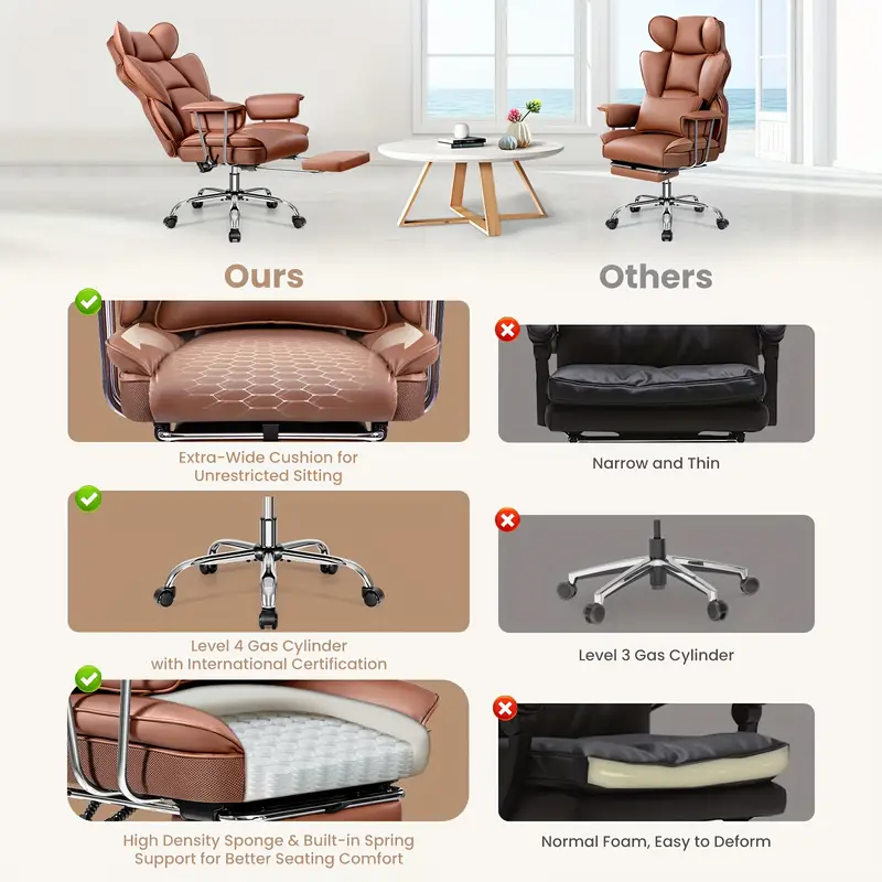Plus-Size Executive High-Back Leather Actflame Premium Ergonomic Office Chair With Enhanced Lumbar Support & Integrated Footrest - Perfect Fit For Spacious Homes & Offices