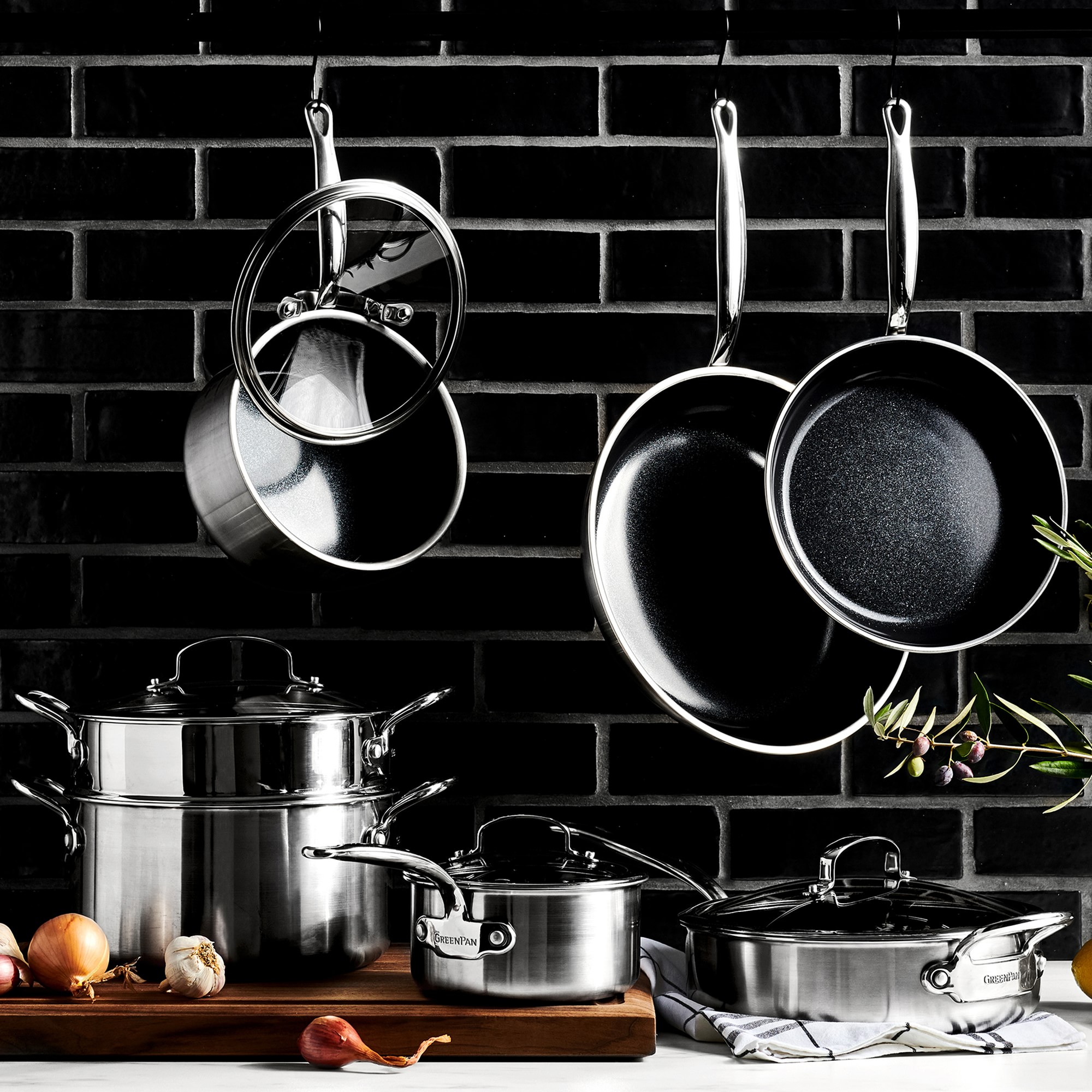 GreenPan™ Premiere Stainless-Steel Ceramic Nonstick Fry Pan, Set of 3