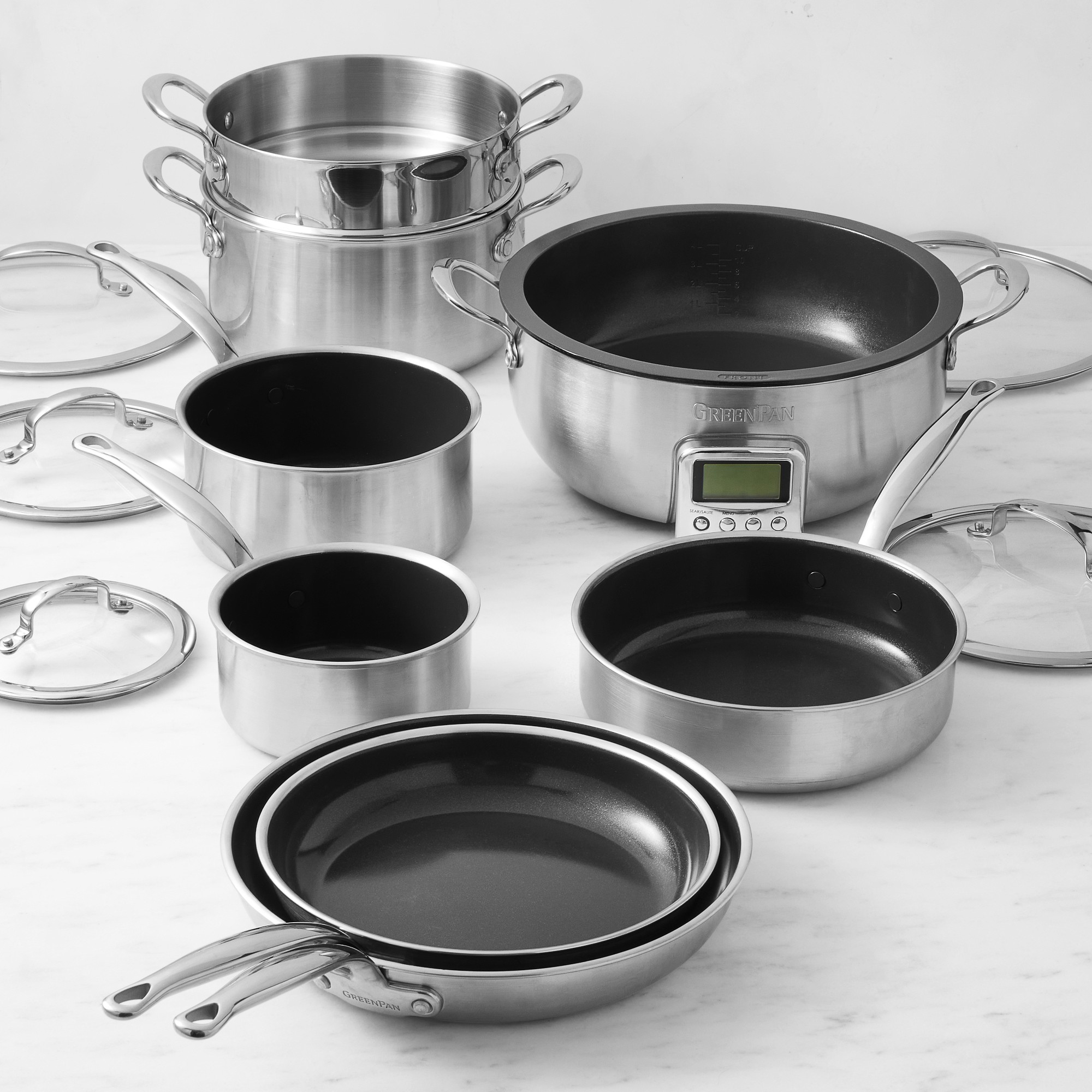 GreenPan™ Premiere Stainless-Steel Ceramic Nonstick 11-Piece Cookware Set with Smart Skillet
