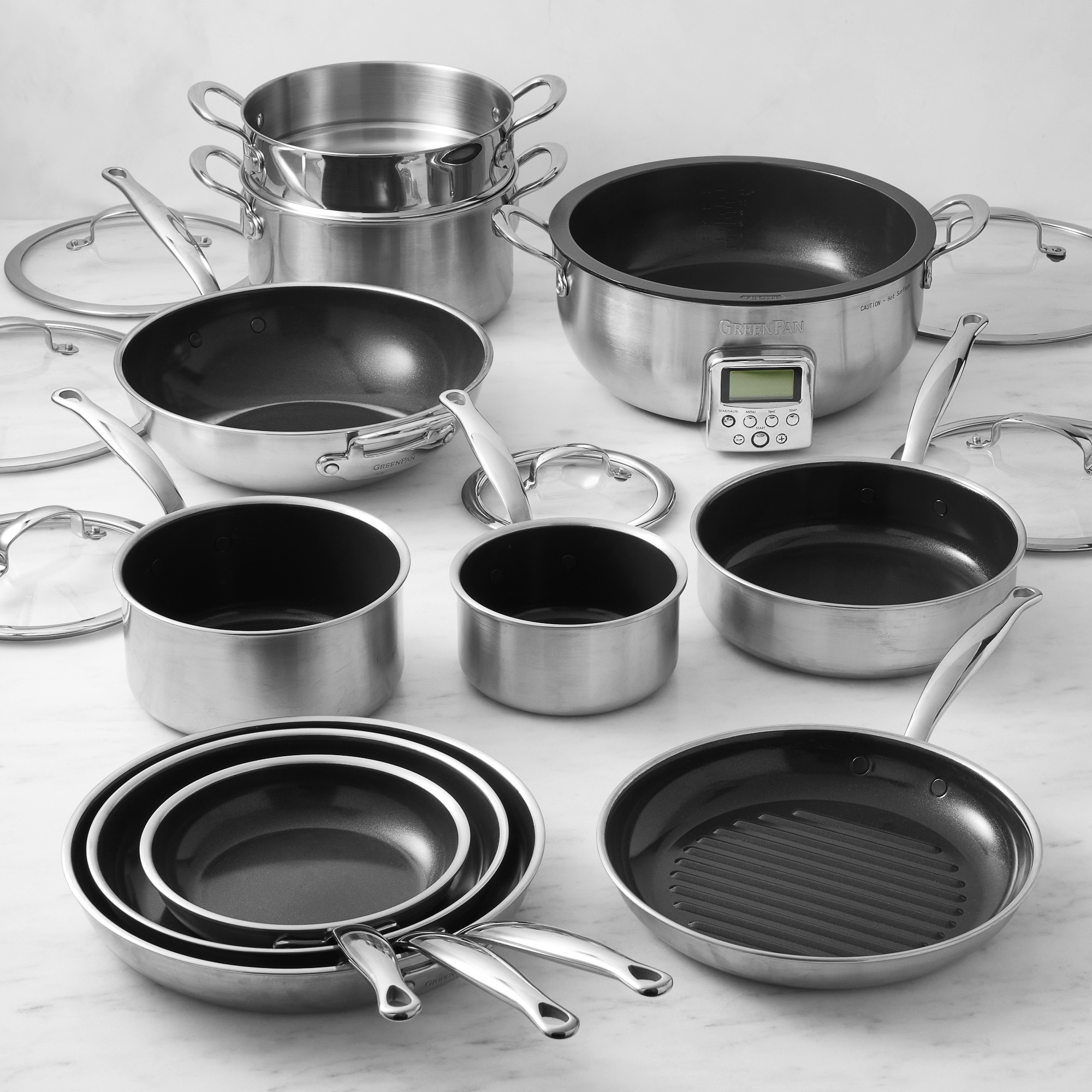 GreenPan™ Premiere Stainless-Steel Ceramic Nonstick 15-Piece Cookware Set with Essential Pan