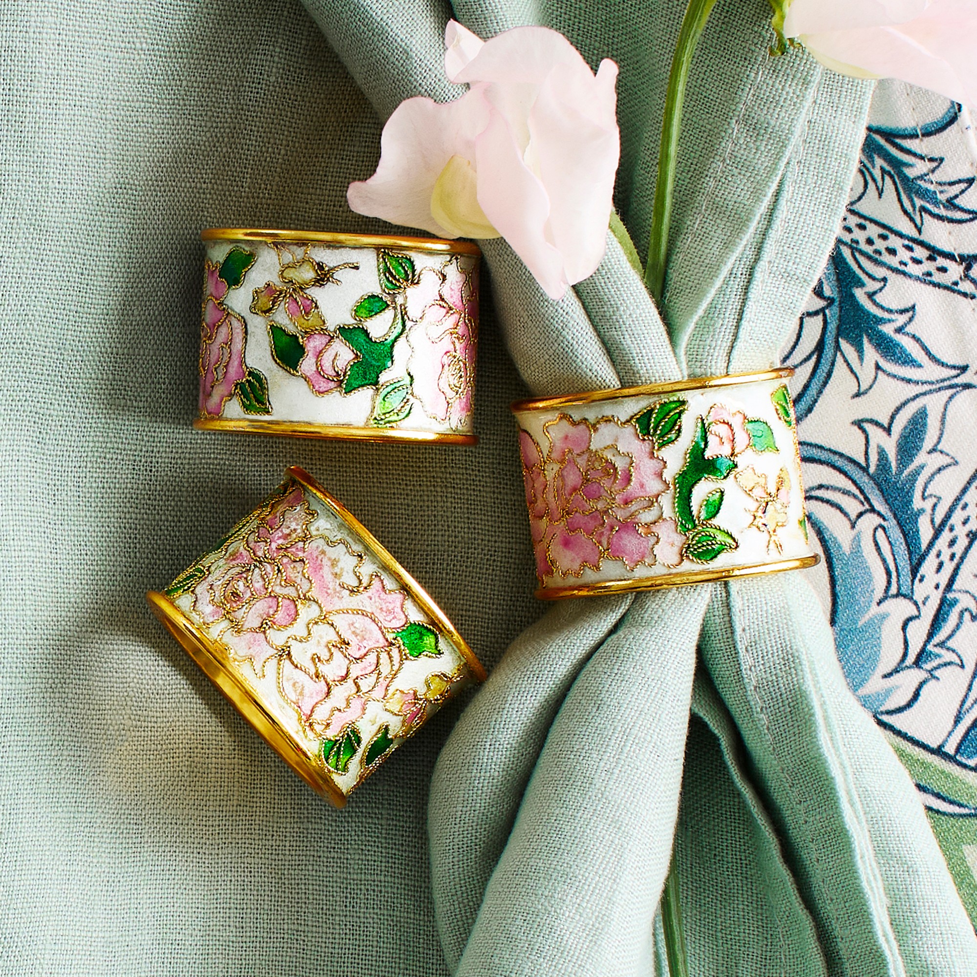 Cloisonné Rose Napkin Rings, Set of 4
