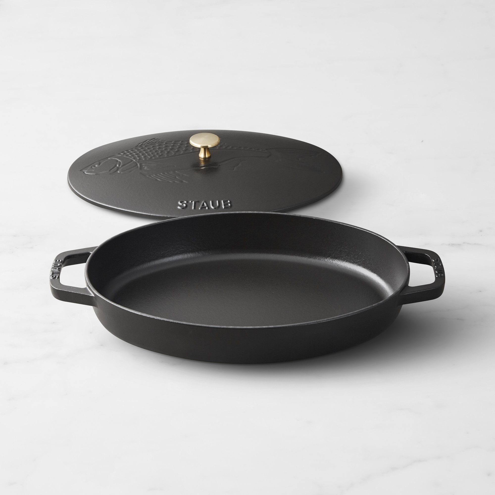 Staub Enameled Cast Iron Oval Gratin with Sea Bass Embossed Lid, 2 1/4 Qt.