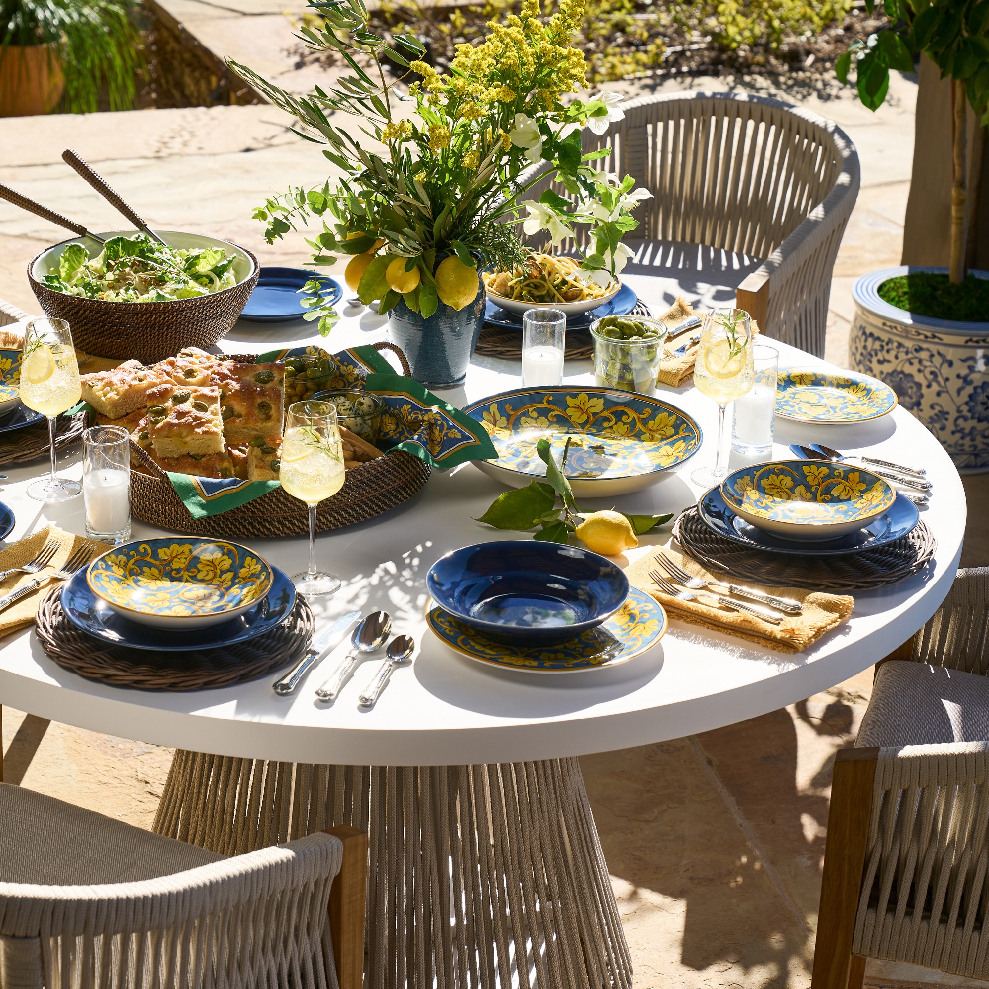 Pasadena Outdoor Fiberstone and Rope Round Dining Table & Pasadena Dining Chairs (60