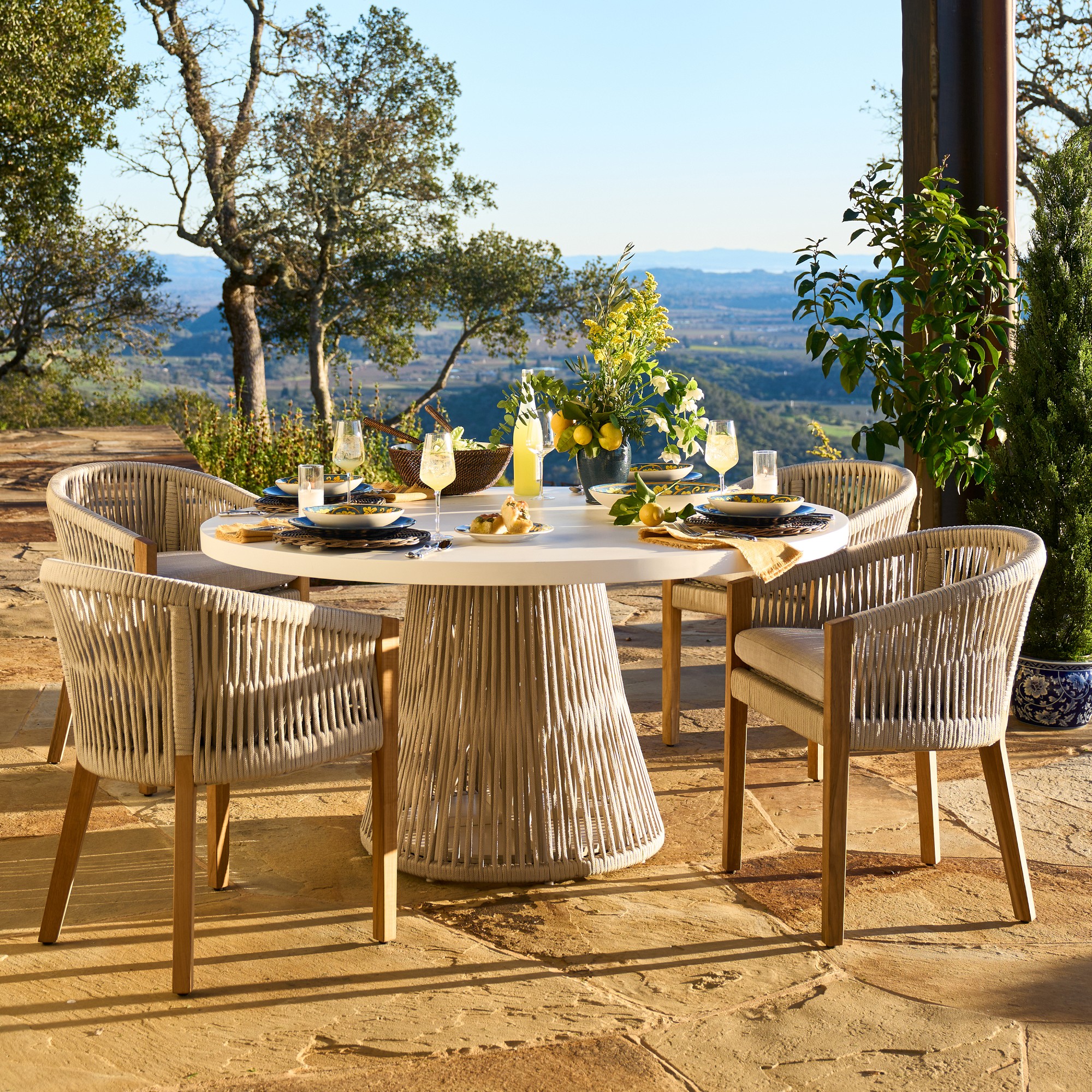 Pasadena Outdoor Fiberstone and Rope Round Dining Table & Pasadena Dining Chairs (60