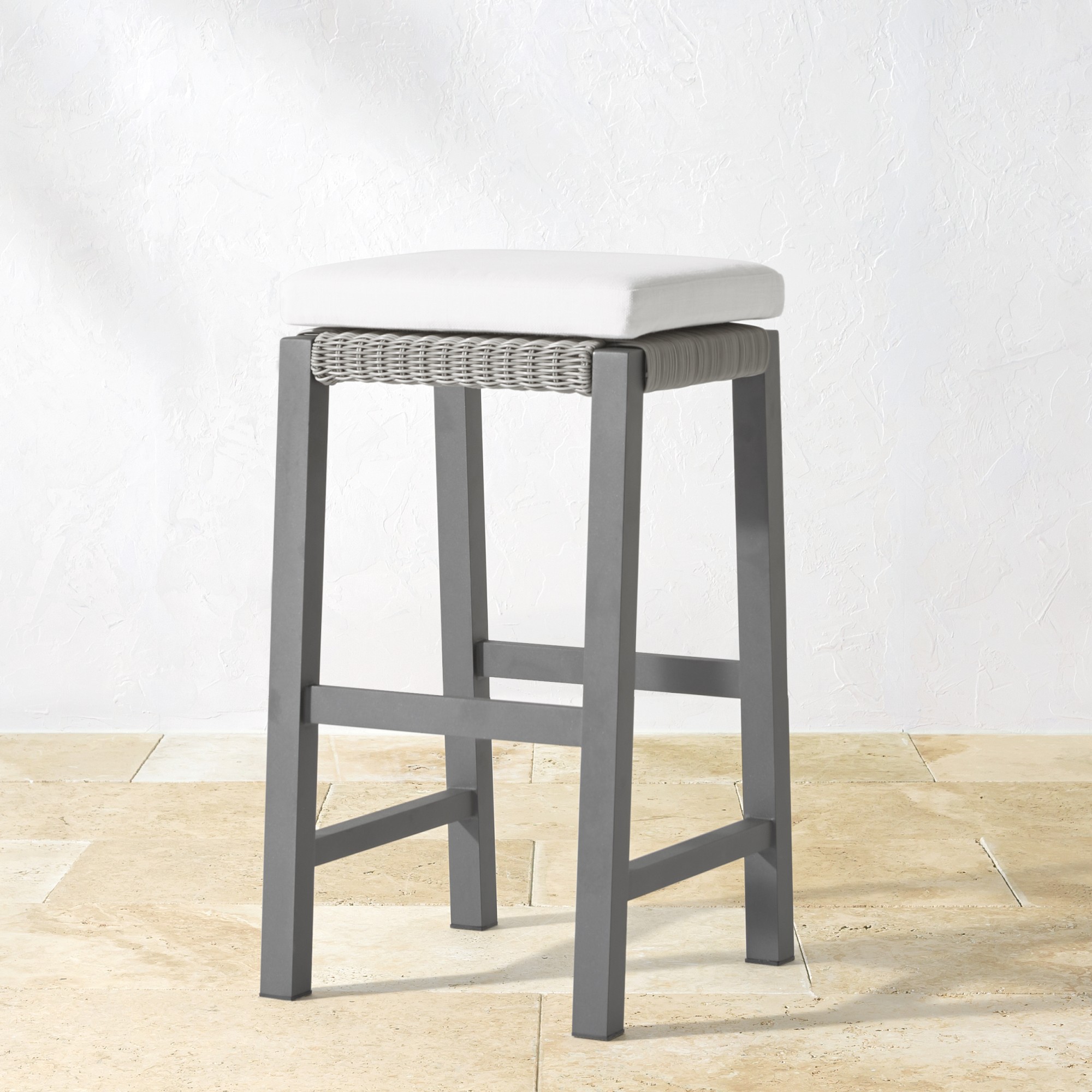 Larnaca Slate Grey Metal All-Weather Weave Backless Bar Stool