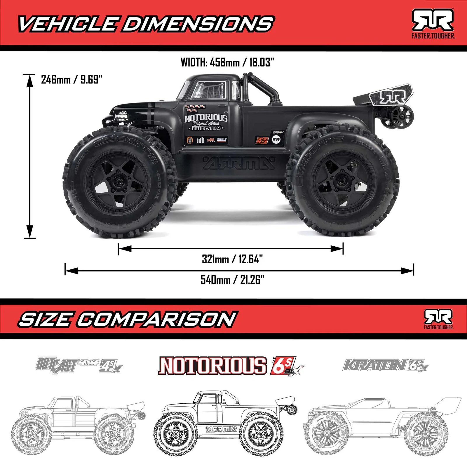 ARRMA 1/8 NOTORIOUS 6S V6 4X4 BLX Brushless Stunt Truck RTR, Black