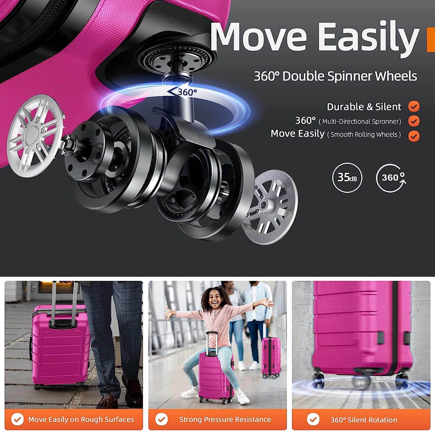 Luggage Sets Expandable PC+ABS Durable Suitcase Sets Double Wheels TSA Lock Megenta 3pcs