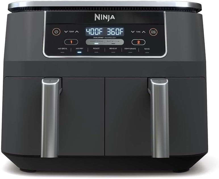 Ninja DZ201 Foodi 8 Quart 6-in-1 DualZone 2-Basket Air Fryer with 2 Independent Frying Baskets. Match Cook & Smart Finish to Roast. Broil. Dehydrate & More for Quick. Easy Meals. Grey