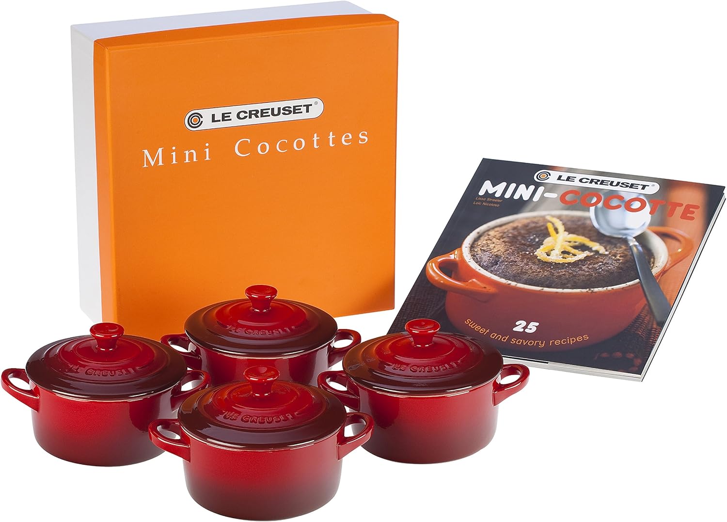 Le Creuset Stoneware Set of 4 Mini Cocottes with Cookbook. 8 oz. each. Marseille