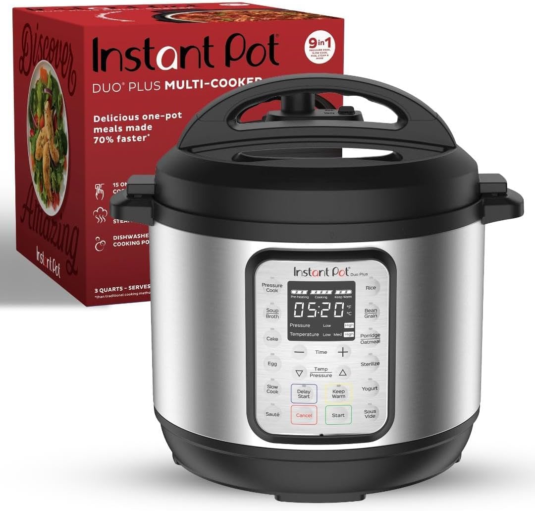 Instant Pot Duo Plus 9-in-1 Multicooker. Pressure Cooker. Slow Cook. Rice Maker. Steamer. Sauté. Yogurt. Warmer & Sterilizer. Includes App With Over 800 Recipes. Stainless Steel. 6 Quarts
