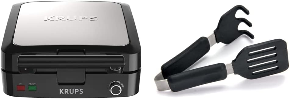 KRUPS 4-Slice Belgian Waffle Maker: Stainless Steel. 5 Browning Levels. Audible Ready Beep. Removable Plates. 1200W. Silver/Black - Perfect for Family Breakfasts