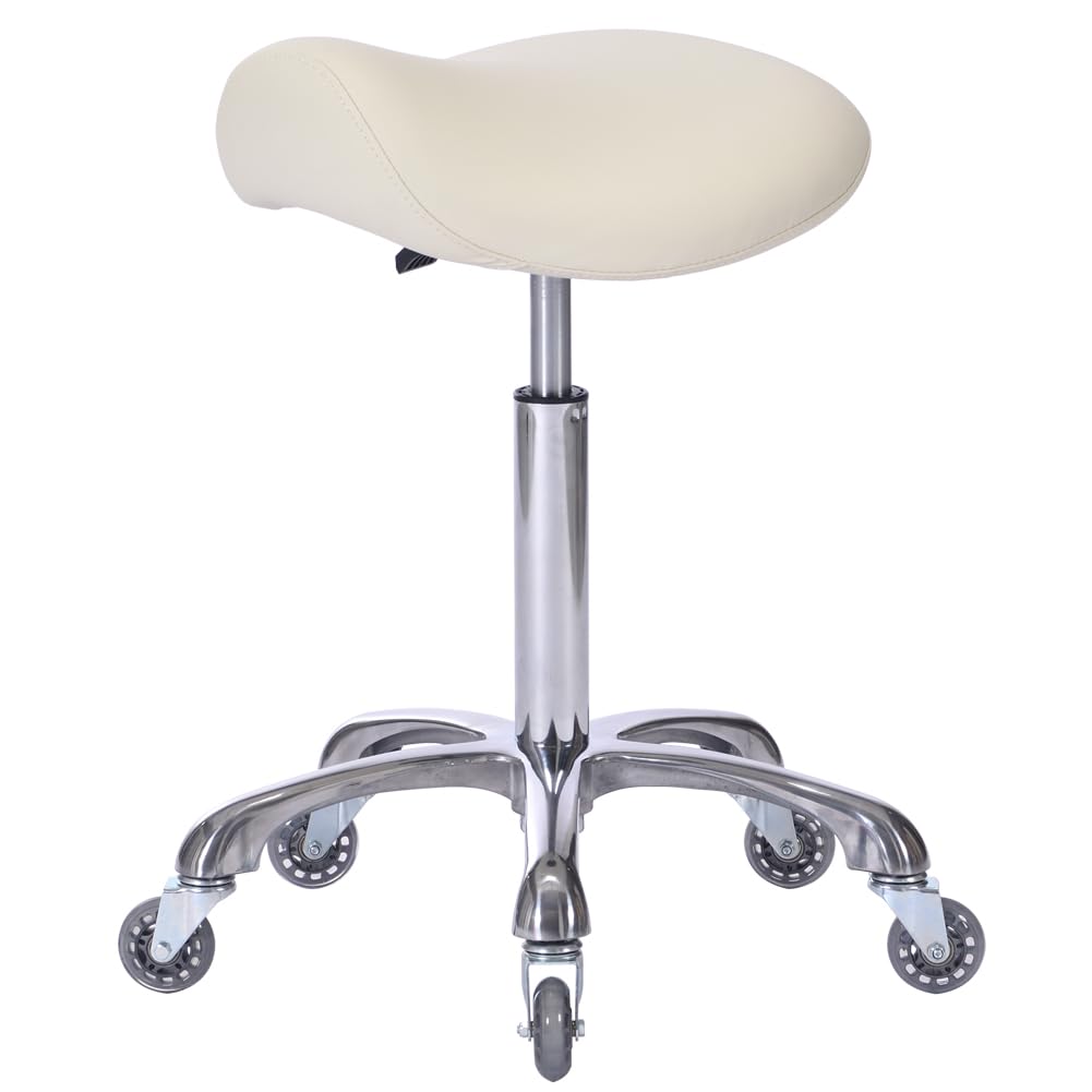 Professional Saddle Stool with Wheels Ergonomic Swivel Rolling Height Adjustable for Clinic Dentist Beauty Salon Tattoo Home Office (Camel)